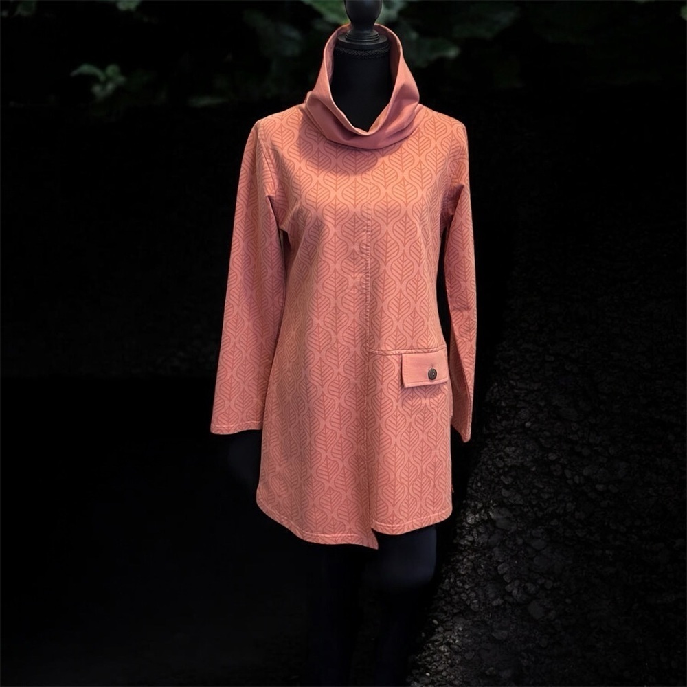 Apsara Organic Cotton Asymmetrical Coral Long Sleeve Dress Cowl Neck Leaf Design - Picture 1 of 6